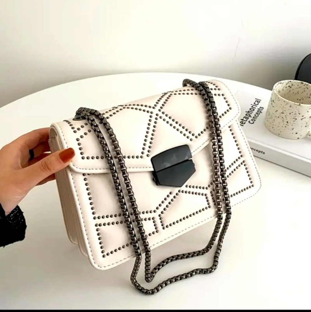 White Crossbody Studded faux leather purse hand bag